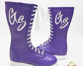 Pro-worstelschoenen, paars leer met aangepast lettertype, veterschoen, herenschoen