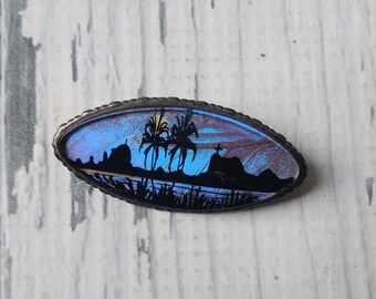 Butterfly Wing Pin - Oval Butterfly Brooch - Rio de Janeiro Pin - Christ the Redeemer - Turquoise Lavender - Insect Bug Jewelry - 1940s