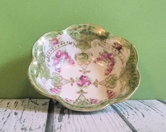 Antique Footed Bowl - Japanese Porcelain - French Porcelain - Pink Roses - Green and Gold Trimmed - 19th Century Vintage Bowl