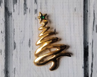 Vintage Mod Style Christmas Tree Pin - Minimal Gold Tree with Green Stone Brooch - Green Rhinestone - 1980s Xmas Holiday Christmas Kitsch