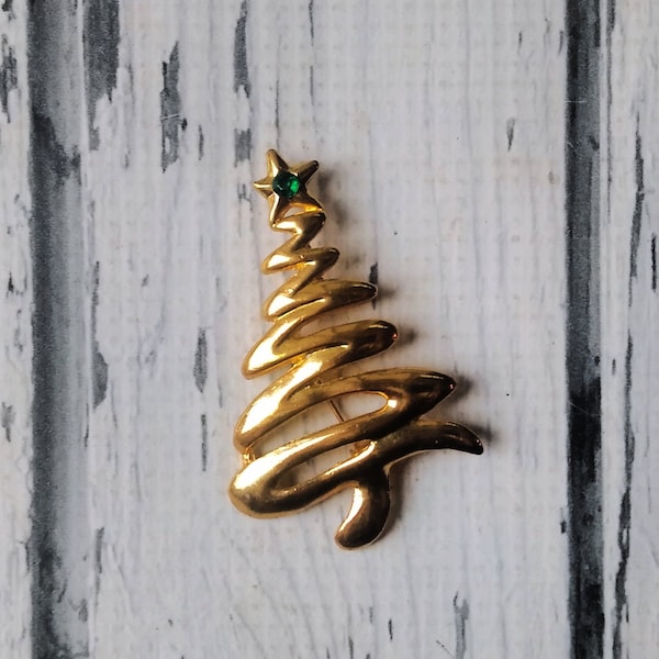 Vintage Mod Style Christmas Tree Pin - Minimal Gold Tree with Green Stone Brooch - Green Rhinestone - 1980s Xmas Holiday Christmas Kitsch
