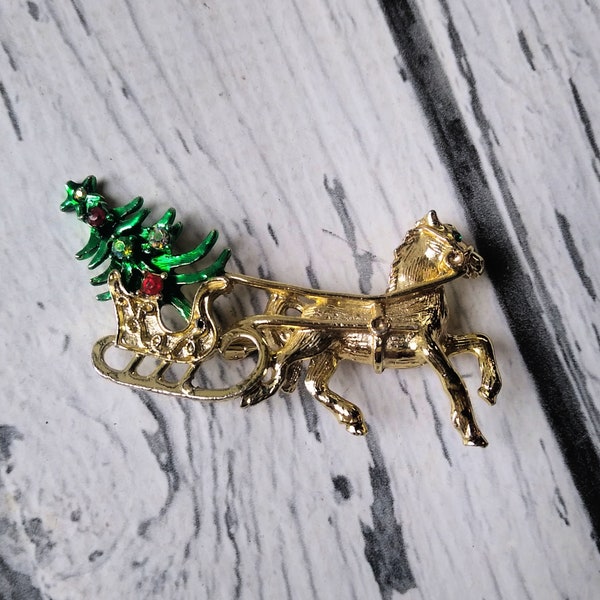 Vintage Tancer II Sleigh Pin - Christmas Brooch - Santa Sleigh Pin - Sled with Tree - Christmas Kitsch - 1970s Xmas Jewelry