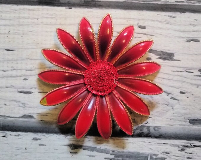 Vintage Red Flower Pin Huge Red Daisy Oversized Flower Brooch Textured