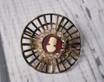Vintage Signed Coro Cameo Pin - Cameo with Rhinestones and Frame - Small Pin Big Attitude - Edwardian Victorian Style - 1950s Jewelry