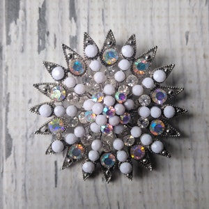 Massive Vintage Statement Brooch - Aurora Iridescent Rhinestones - White Stones - Silver Metal - Fiery Stones - Convertible to Pendant