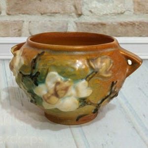 Vintage Roseville Magnolia Vase - Small Jardiniere - Pink Tan Brown Vase - Flowered Vase - 1930s Art Pottery - Roseville Art Pottery