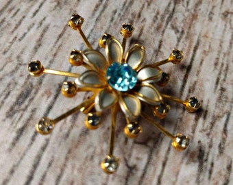 Vintage Rhinestone Flower Pin - Aqua Rhinestone Brooch - Turquoise Rhinestone Pin - Rhinestone Starburst Pin - 1960s Rhinestone Pin