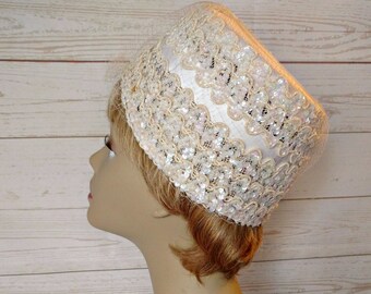 White Pillbox Hat - Off White Pill Box Hat - Sequin Hat - White Wedding Hat, Tall Pillbox Hat - Sequin Fez Style Hat - 1960s Fancy Hat