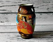 Vintage Satsuma Vase - Moriage Vase - 1950s Porcelain - Geisha Samurai Figures - Antique Japanese Vase