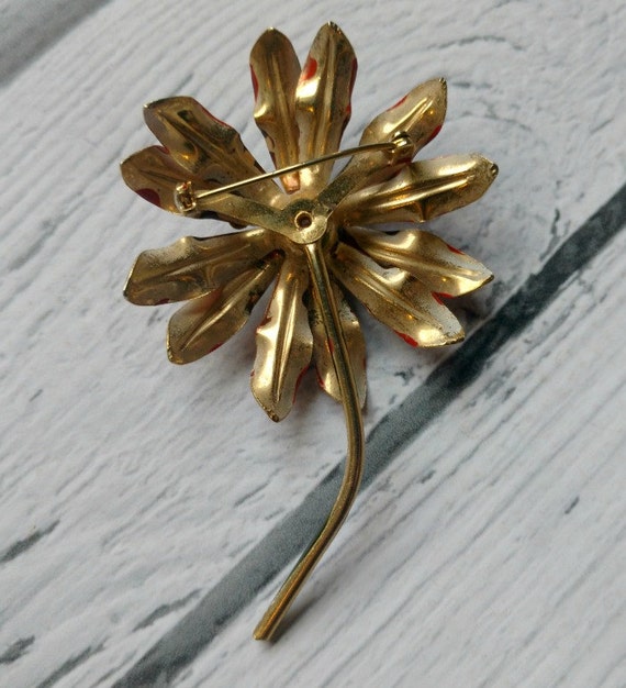 Vintage Red Flower Pin - Chrysanthemum Pin - Spid… - image 4