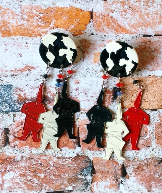 Robot Dangle Earrings - Black White Red Globe - D… - image 2