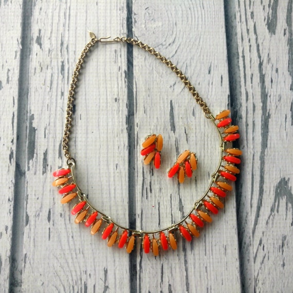 Vintage Orange Jewelry Set - Necklace Clip Earrin… - image 6
