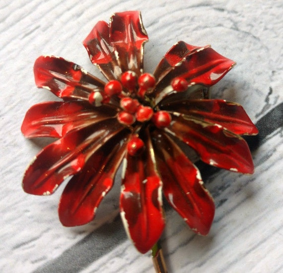 Vintage Red Flower Pin - Chrysanthemum Pin - Spid… - image 3