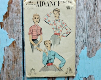 Vintage Sewing Pattern - Advance 6686 - A6686 - Tailored Shirt - Long Sleeve Blouse - Short Sleeve Shirt - 1950s Man Style Shirt