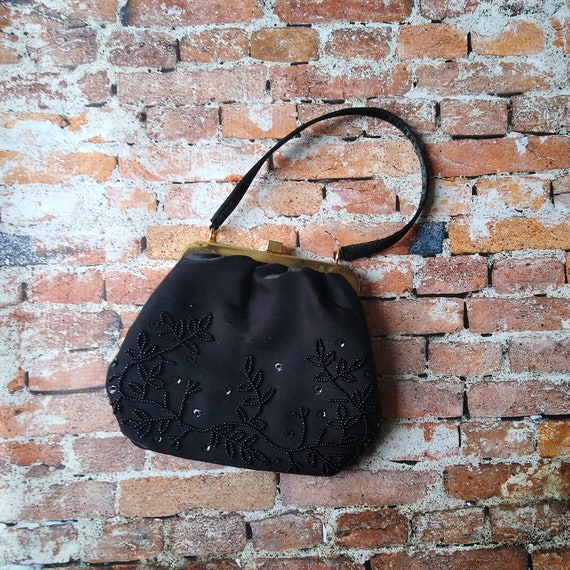 Vintage Black Beaded Purse - Black Evening Bag - E