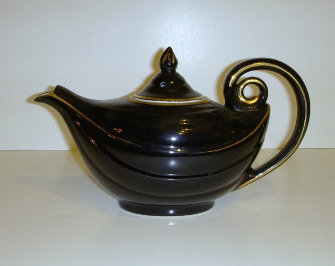 Vintage Black Hall China Aladdin Teapot 6 Cup Gold Trim Etsy