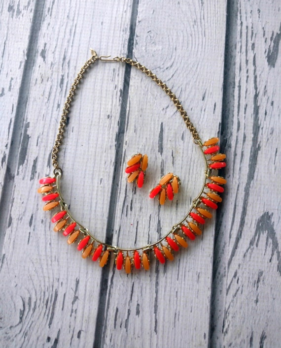 Vintage Orange Jewelry Set - Necklace Clip Earrin… - image 1
