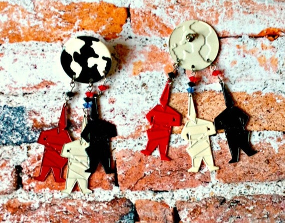 Robot Dangle Earrings - Black White Red Globe - D… - image 3