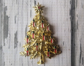 Vintage Tancer II Rhinestone Christmas Tree Pin - Gold Christmas Tree Brooch - Red Green Rhinestones - 1970s Xmas Holiday Christmas Kitsch