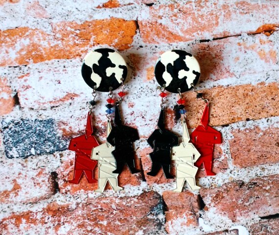 Robot Dangle Earrings - Black White Red Globe - D… - image 1