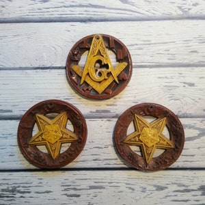 Vintage Masonic Symbols Wall Art - Freemason - Freemasonry - Round Wooden Wall Plaques - Square and Compass - Star Art