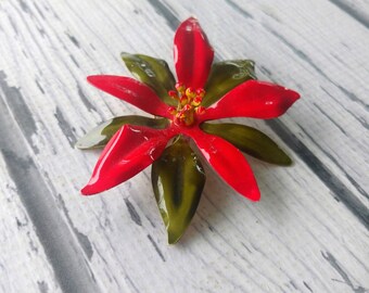 Vintage Red Green Flower Pin - Red and Green Daisy Brooch - Petal Pin - Metal Christmas Flower Brooch - 1960s - Red Green Enamel Flower
