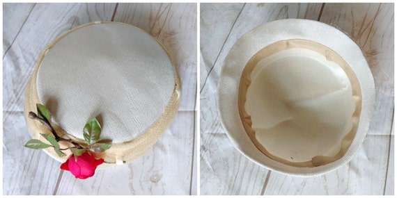 Vintage White Hat with Red Rose - Off White Hat -… - image 5