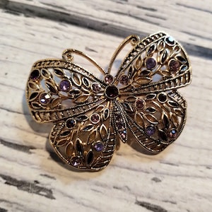 Vintage Gold Filigree Butterfly Pin - Pink Purple Rhinestone Butterfly - Insect Brooch - Nature Jewelry - Butterfly Lover - Lacy Metal Bug