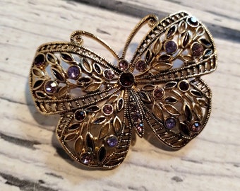 Vintage Gold Filigree Butterfly Pin - Pink Purple Rhinestone Butterfly - Insect Brooch - Nature Jewelry - Butterfly Lover - Lacy Metal Bug