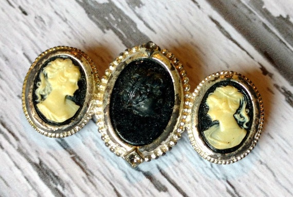 Vintage Triple Cameo Pin - Black and White Cameo … - image 2