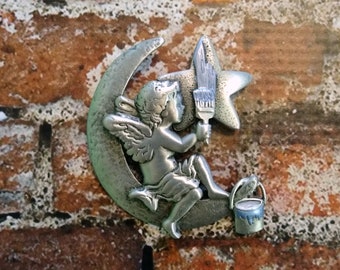 Vintage JJ Jonette Pewter Cherub on Moon - Crescent Moon - Painting Fairy on Moon - Small Angel - Cherub Painting Star - Silver Gray Blue -