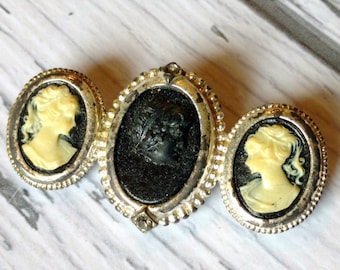 Vintage Triple Cameo Pin - Black and White Cameo Pin - Cameo Statement Brooch - Bar Pin - 1980s Jewelry