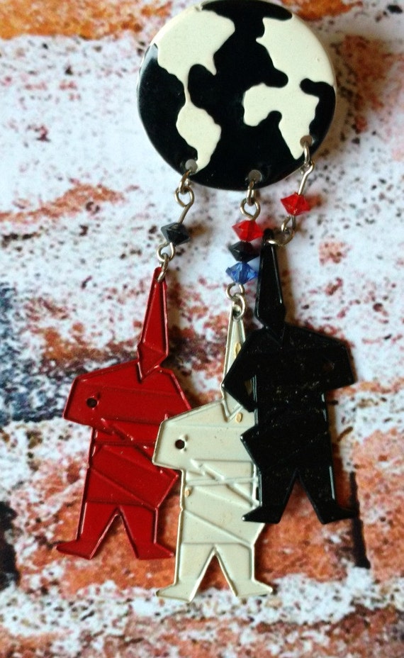 Robot Dangle Earrings - Black White Red Globe - D… - image 4