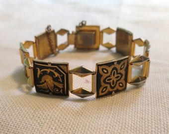 Vintage Damasquinado Bracelet - Wide Damascene Bracelet - Square Spanish Bracelet - Gold Black Birds Flowers Bracelet - 1980s Jewelry