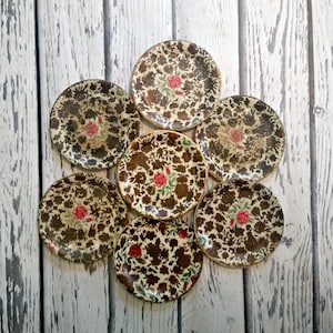 Vintage Coasters - Red Gold Rose Plates - Set of Seven Lacquered Coasters - Japanese Plates - Vintage 1960s - Red Gold Green - Tiny Plates