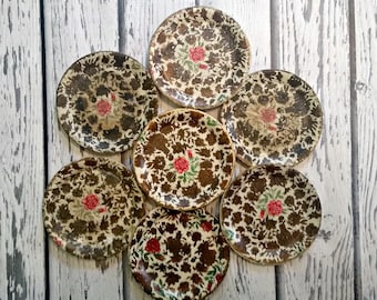 Vintage Coasters - Red Gold Rose Plates - Set of Seven Lacquered Coasters - Japanese Plates - Vintage 1960s - Red Gold Green - Tiny Plates
