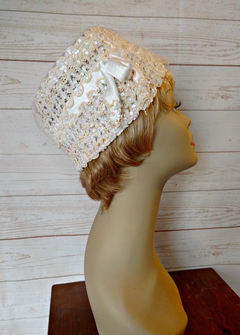 White Pillbox Hat off White Pill Box Hat Sequin Hat Etsy