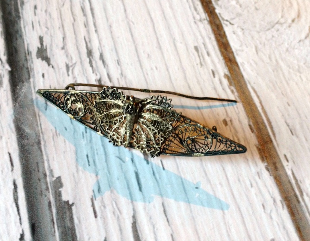 Vintage Butterfly Bar Pin - Silver Wire Butterfly Pin - Silver Filigree ...