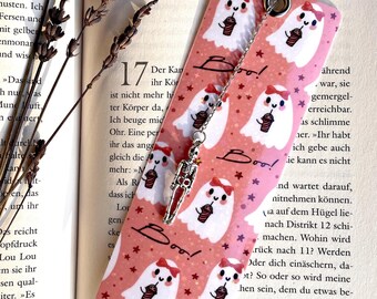 Halloween Autumn Bookmark - with skeleton charm, ghost motif and pumpkin spice latte, book fan, glittery girly bookmark