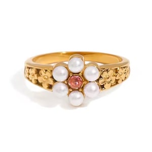 Gold Stainless Steel Pearl Zircon Flower Band Watch Ring