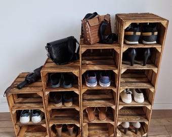 Rustikales Schuhregal aus Holz – Handgefertigt, Modular & Stapelbar – Vintage Holzkisten Regal für Flur, Schuhaufbewahrung, Deko