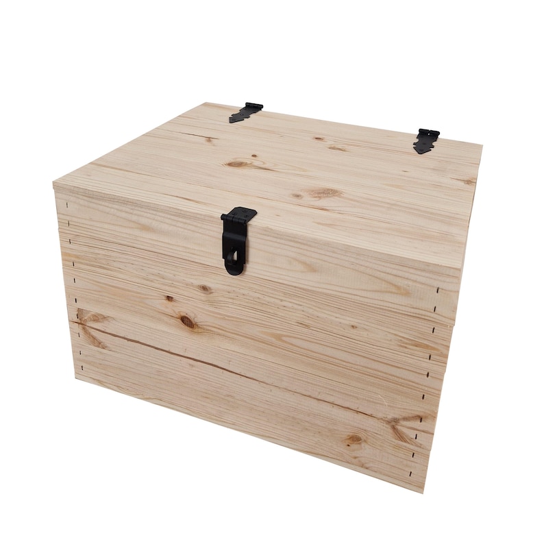 K&ouml;nnte beinhalten: Eine hellfarbene Holzkiste mit rechteckiger Form. Die Kiste hat einen Klappdeckel und ist mit einem schwarzen Metallverschluss und Scharnieren gesichert. Die Holzmaserung ist sichtbar.