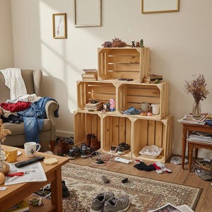 Peut inclure: Intérieur désordonné avec des caisses en bois empilées servant d'étagères, contenant des livres et de petits objets. Chaussures, vêtements et autres objets sont éparpillés sur le sol et les meubles. Un tapis à motifs et des cadres complètent la scène.