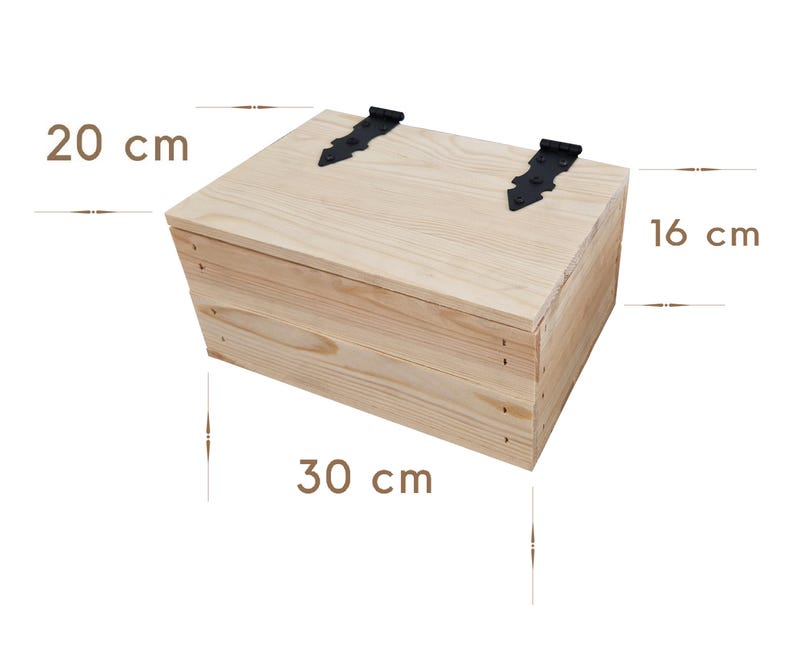 May include: A light-colored wooden box with a hinged lid and black metal hardware. The box measures 11.8 inches long, 7.9 inches wide, and 6.3 inches high. The box is made of light-colored wood.