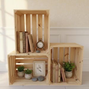 Op de afbeelding: Drie houten kisten gestapeld om een display te creëren. De kisten bevatten vintage boeken, kleine potplanten, een ingelijste botanische print en een kleine antieke klok. De kisten zijn gemaakt van lichtgekleurd hout.