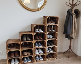Rustikales Schuhregal aus Holz – Handgefertigt, Modular & Stapelbar – Vintage Holzkisten Regal für Flur, Schuhaufbewahrung, Deko