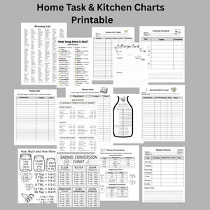 Puede incluir: Un gráfico imprimible de tareas domésticas y de cocina con secciones para una lista de compras, una tarjeta de recetas y un programa de limpieza. Incluye una tabla de conversión de horneado y una hoja de trucos de tiempos de cocción de freidora de aire.