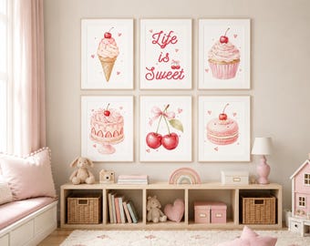 Sweet Treats Nursery Art Set, Pink Watercolor Dessert Prints, Cherries Wall Art (Digital Download)
