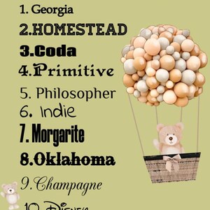 Puede incluir: Imagen con el texto "Tipos de escritura" y una lista de 10 estilos de fuente. Un oso de peluche saluda desde una cesta de mimbre suspendida bajo un globo hecho de esferas beige y blancas. Un segundo oso de peluche est&aacute; a la izquierda.