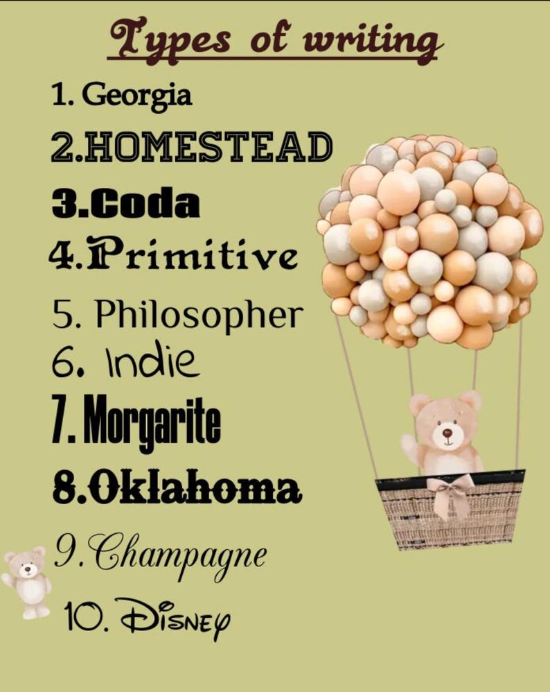 Puede incluir: Imagen con el texto "Tipos de escritura" y una lista de 10 estilos de fuente. Un oso de peluche saluda desde una cesta de mimbre suspendida bajo un globo hecho de esferas beige y blancas. Un segundo oso de peluche est&aacute; a la izquierda.